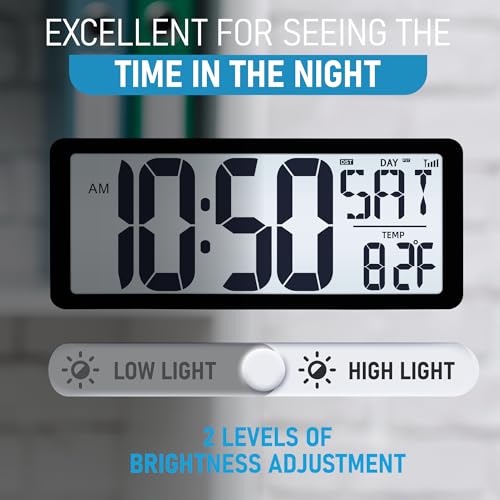 TXL Atomic Clock with Backlight, 14.2" Large Digital Wall Clock Battery Operated, Digital Clock Large Display with Day, Date & Temperature, Large Wall Clock for Bedroom, Livingroom, Office - color: Black Atomic Backlight-14.2in