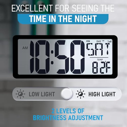 TXL Atomic Clock with Backlight, 14.2" Large Digital Wall Clock Battery Operated, Digital Clock Large Display with Day, Date & Temperature, Large Wall Clock for Bedroom, Livingroom, Office - color: Black Atomic Backlight-14.2in