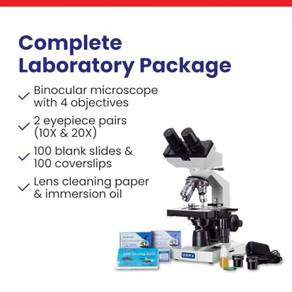 Awarded Best Compound Microscope 2016 - OMAX 40X-2000X Lab LED Binocular Microscope with Double Layer Mechanical Stage w Blank Slides Covers and Lens Cleaning Paper