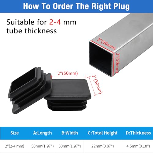 4 Pack 2"x 2" Black Square Tube End Cap Plastic Plugs - color: Black, size: 2" (2-4 mm) - 4 pcs