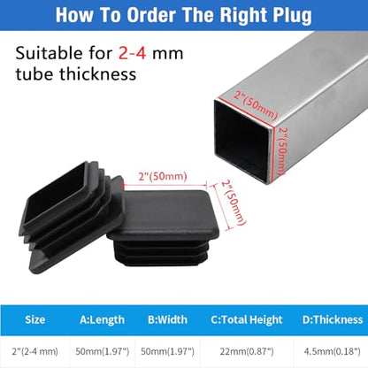 4 Pack 2"x 2" Black Square Tube End Cap Plastic Plugs - color: Black, size: 2" (2-4 mm) - 4 pcs