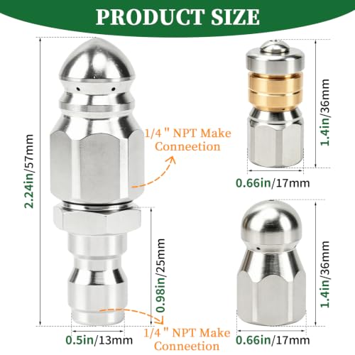Sewer Jetter Nozzle Kit, 3 Pcs Stainless Steel Rotating Button Nose