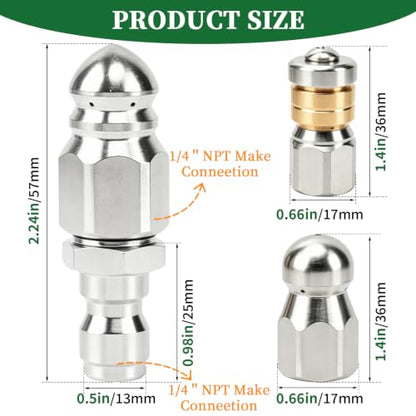 Sewer Jetter Nozzle Kit, 3 Pcs Stainless Steel Rotating Button Nose
