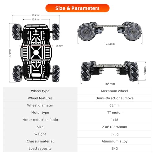 4WD Omnidirectional Robot Car Chassis Kit with 68mm Mecanum Wheels, TT Motor, Aluminum Alloy Metal Platform for Arduino/Raspberry Pi, STEM Educational Robotics DIY Kit