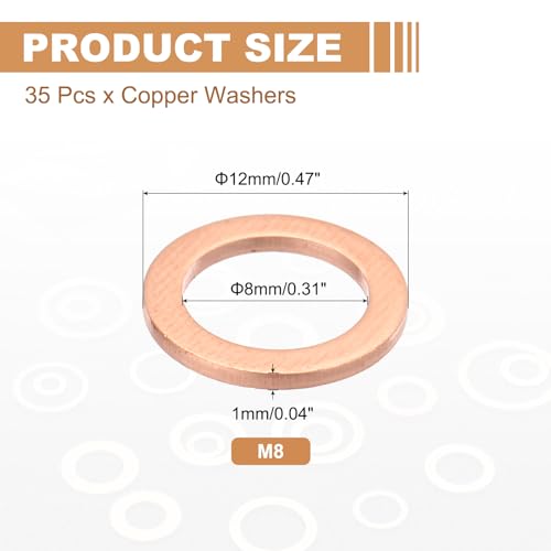 PATIKIL 35PCS M8 Copper Washers, M8x12x1mm Copper Crush Washer Metric Flat Washers Sealing Washers Assortment Kit Oil Drain Plug Gasket Ring for Automotive Battery Vehicles Screws Bolt - size: M8x12x1mm