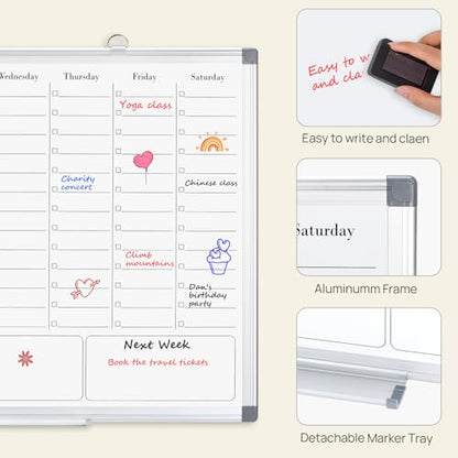 ONAVIA Weekly White Board Dry Erase, Calendar WhiteBoard for Wall 24 x 18 - size: 24"W x 18"H