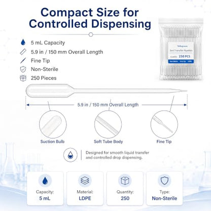 Tellegloww 250 Pcs 5ml Transfer Pipettes, Fine Tip LDPE Liquid Dropper - size: 5ml