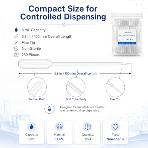 Tellegloww 250 Pcs 5ml Transfer Pipettes, Fine Tip LDPE Liquid Dropper - size: 5ml
