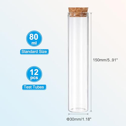 PATIKIL 80ml Test Tubes, 12pcs 5.91x1.18 Glass Clear Flat Bottom Test Tube Containers with Cork Stopper for Bead Party Candy Bath Salt Storage Scientific Experiment Plant Propagation - size: 80ml