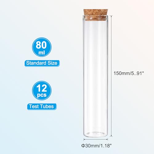 PATIKIL 80ml Test Tubes, 12pcs 5.91x1.18 Glass Clear Flat Bottom Test Tube Containers with Cork Stopper for Bead Party Candy Bath Salt Storage Scientific Experiment Plant Propagation - size: 80ml