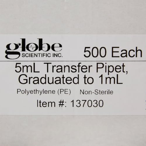 Globe Scientific Transfer Pipet, 137030-500, 5.0mL Capacity, Large Bulb, Non-Sterile, Graduated to 1mL, 145mm Length, Bulb Draw - 3.4mL, 500/Box