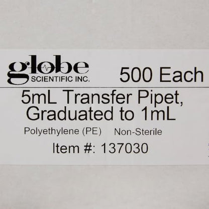 Globe Scientific Transfer Pipet, 137030-500, 5.0mL Capacity, Large Bulb, Non-Sterile, Graduated to 1mL, 145mm Length, Bulb Draw - 3.4mL, 500/Box