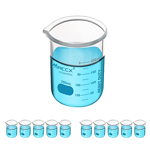 8.5oz (250ml) New Upgraded Glass Beakers, Heavy Duty Lab Beaker Set, 3.3 Borosilicate with Double Scale, Pack of 10, HDBK250-010 - style: Vol.250ml, Pack of 10