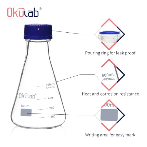 2pcs Erlenmeyer Flask Set with Blue Cap, 500ml Lab Erlenmeyer Flasks Glass Erlenmeyer Flasks, Borosilicate 3.3 Glass Material with Printed Graduation, EFG45G500A2 - style: 2 Pcs of 500ml