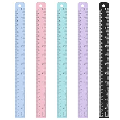 5 Pack Metal Ruler 12 Inch, Stainless Steel Ruler Kit with Centimeters, Millimeters, Inches and Conversion Table for Office and School, Easy to Read Metric Rule Set