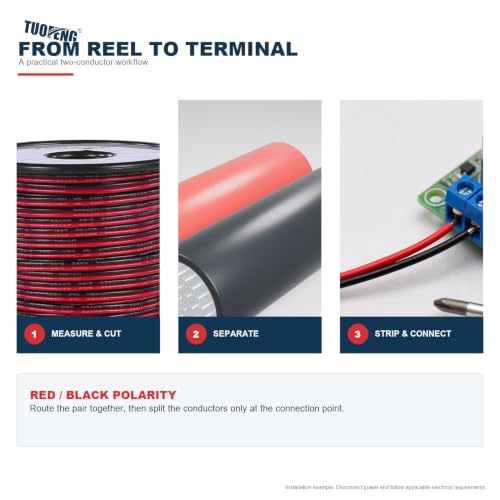 TUOFENG 18 AWG 2-Conductor Tinned Copper PVC Wire, Red/Black, 66 ft - size: 18 AWG PVC 2-Conductor Wire 66ft