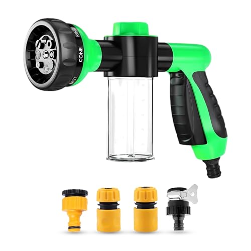 Wevdn Car Wash Nozzle, High Pressure 8 Adjustable Patterns Sprayer with Soap Dispenser, Universal Garden Hose Foam Nozzle for Car Washing and House Cleaning, Car Accessories (Green, 4 Connectors) - color: Green, 4 Connectors