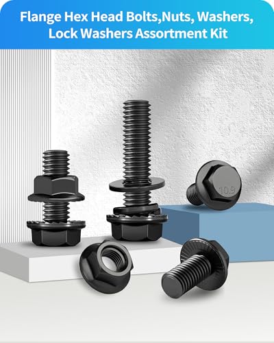 300Pcs Metric Flange Bolt Assortment, M6 M8 M10 Flange Hex Bolts and Nuts Washers Kit, Alloy Steel Class 10.9 Black Zinc Plated, M6x1.0, M8x1.25, M10x1.5 (12mm to 30mm) (Black) - color: Black
