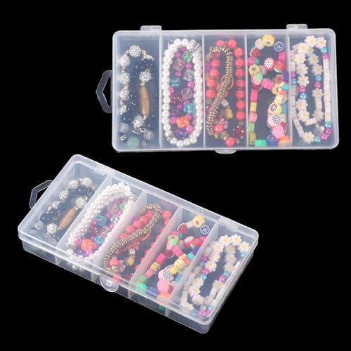 2 Pack 5 Grid Clear Plastic Dividing Storage Box, Bead Storage Containers with Lid Fishing Tackle Storages Box Fishing Lure Bait Hooks Boxes for Jewelry, Crafts (6.9 x 3.7 x 1.1 Inch)