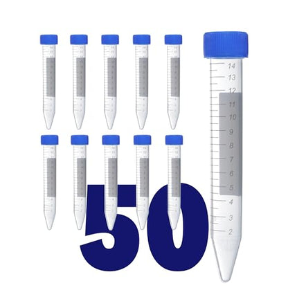 Kashi Scientific 15mL Screw Cap Conical Centrifuge Tubes, Sterile Test Tubes with Blue Lids, Lab-Grade Polypropylene Plastic, Printed Graduation and Write-on Spot [15mL, 50] - size: 15mL, Conical, Sterile