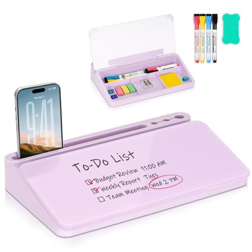 Small Desktop Glass Whiteboard with Storage, Desk White Board Stand Purple - color: Purple