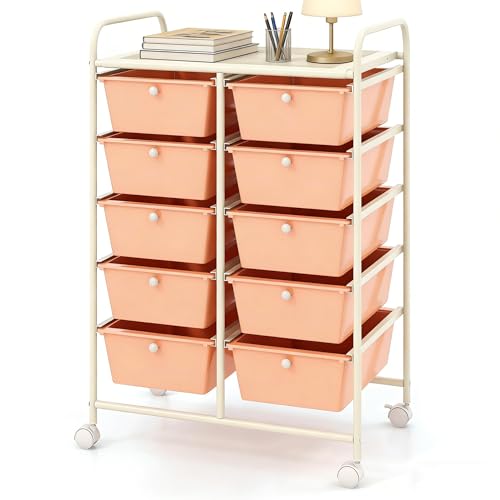 COSTWAY 10 Drawer Rolling Storage Cart, Utility Cart with Lockable Wheels - color: Peach, size: 10 Drawer