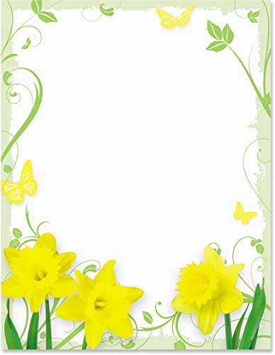 PaperDirect Daffodil Delight Spring Border Papers, Light Green Border with Daffodils and Green Swirls Design, 8.5 x 11, Acid-Free, Ideal for Invitations, Flyers, Letters, Posters, Cards, 25 Sheets - color: Daffodil Delight