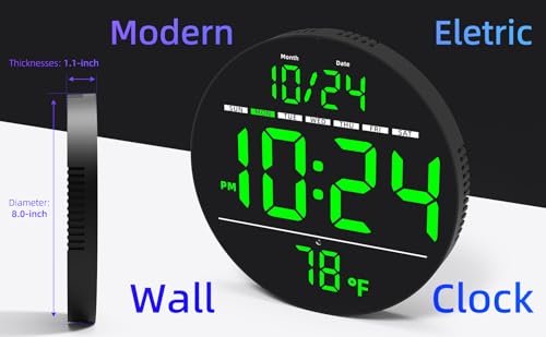 Digital Wall Clock with Large LED Display, Date, Temperature, Auto-Brightness | Small [PLUG-IN] Clock | Modern Electric Wall Clock for Bedroom, Classroom, Living Room, Home, Office, Farmhouse – Green - color: Green