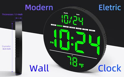 Digital Wall Clock with Large LED Display, Date, Temperature, Auto-Brightness | Small [PLUG-IN] Clock | Modern Electric Wall Clock for Bedroom, Classroom, Living Room, Home, Office, Farmhouse – Green - color: Green