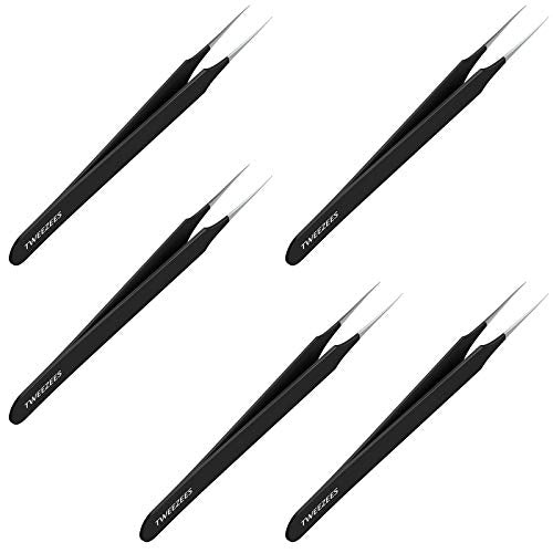 Ingrown Hair Tweezers | Pointed Tip | 5 Pack | Black | Precision Stainless Steel | Extra Sharp and Perfectly Aligned for Ingrown Hair Treatment & Splinter Removal For Men and Women | By Tweezees - size: 5 Pack
