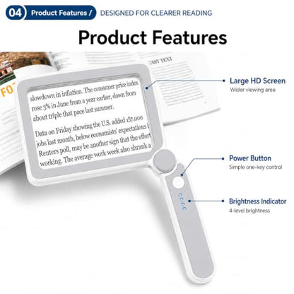 4X Magnifying Glass with Light, Rechargeable LED Page Magnifier for Seniors - color: White