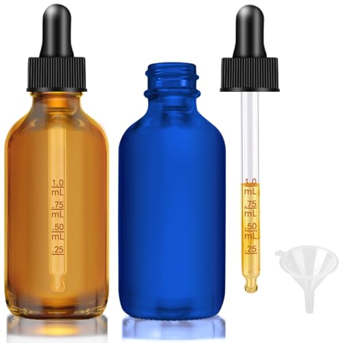 2 Pack Glass Eye Dropper Bottles 2 OZ with Graduated Dropper, Amber & Blue - color: Amber and Blue
