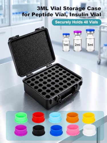 3ml Vial Case, Peptide Vial Storage Case for Refrigerator, 48Slot - color: 48-shots×3ml + 10 Vial Caps (Black)