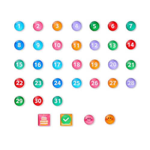 Colorful Glass cabochon Magnetic Numbers for Fridge whiteboard Calendar, Colored Dry Erase Board Number Magnets Dates for Home Organization Classroom Decor Daily use (Set of 35, 0.98")