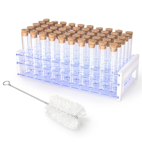 7ml 50pcs Clear Glass Test Tubes 13x100mm with Cork Stoppers and 1pcs 50Holes Plastic Tubes Rack for use in Laboratories, Plant Propagation, Parties, Bath Salts, Candy Storage - size: 13x100mmGlass Test Tube & Tube Rack Set