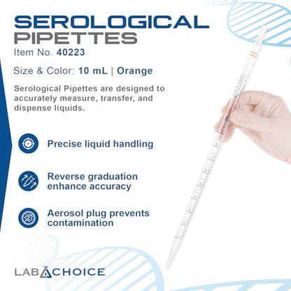 LabChoice Serological Pipettes - 200 Count - Plastic Disposable Sterile Pipettes, Individually Packed Graduated Transfer Pipette for Laboratory Use - 10mL, Orange