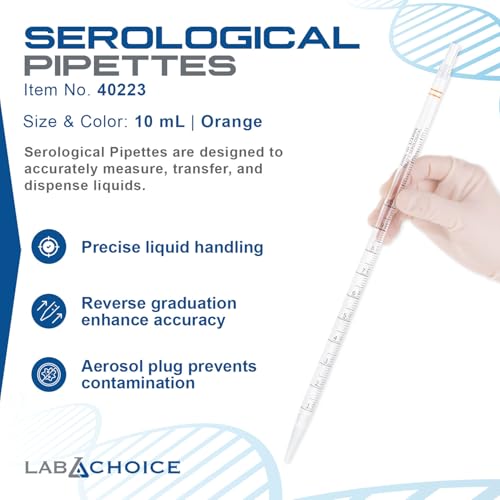 LabChoice Serological Pipettes - 200 Count - Plastic Disposable Sterile Pipettes, Individually Packed Graduated Transfer Pipette for Laboratory Use - 10mL, Orange