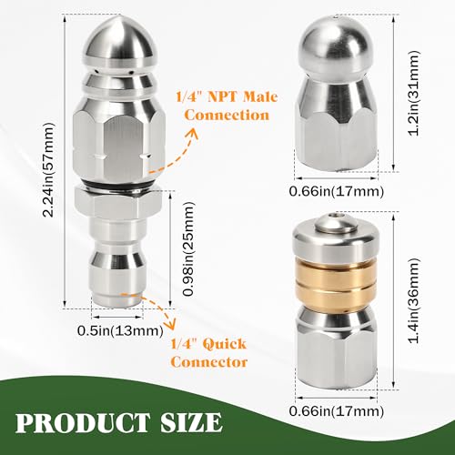 Sewer Jetter Nozzle Kit, 3-Pack Stainless Steel Jet Nozzles with Rotating, Button Nose, and Fixed Models, 1/4” Quick Connect, Up to 5000 PSI for Pressure Washer Drain Cleaning - color: 3-Pack