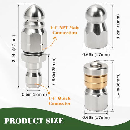Sewer Jetter Nozzle Kit, 3-Pack Stainless Steel Jet Nozzles with Rotating, Button Nose, and Fixed Models, 1/4” Quick Connect, Up to 5000 PSI for Pressure Washer Drain Cleaning - color: 3-Pack