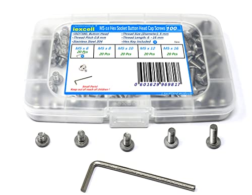 iexcell 100 Pcs M5 x 6/8/10/12/16 Stainless Steel 304 Hex Socket Button Head Cap Screws Bolts Assortment Kit - size: M5 x 6/8/10/12/16mm
