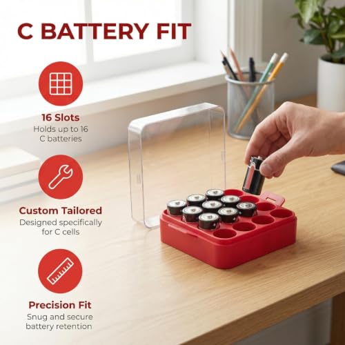 ALCYON Plastic Battery Organizer Storage Case for 16 C Batteries - color: Red, size: 16+C Batteries