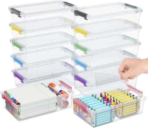12 Pack Extra Large Pencil Box with Removable Divider, Thickened Pencil Case Bulk, Clear Crayon Marker Organizer Stackable Plastic Small Storage Containers for Pen Craft School Supplies, Multi - size: Multicolor-12 Pack