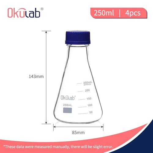 4pcs Erlenmeyer Flask Set with Blue Cap, Glass Erlenmeyer Flasks, 250ml Lab Erlenmeyer Flasks, Borosilicate 3.3 Glass Material with Printed Graduation, EFG45G250A4 - style: 4 Pcs of 250ml