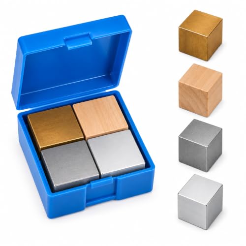 Baluue STEM Density Cube Set 4-Pack 20mm Brass, Iron, Aluminum & Wood Blocks for Archimedes Principle & Specific Gravity Labs School & Classroom Science Kit