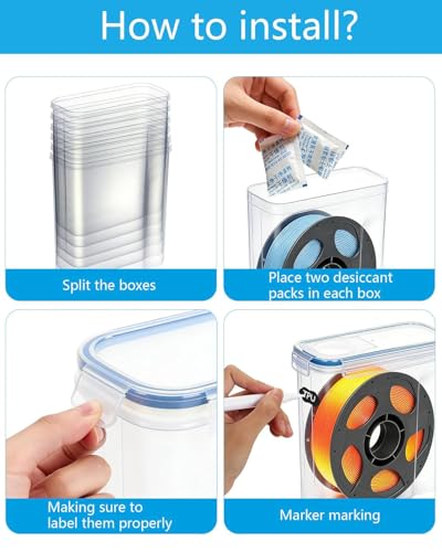 Filament Storage Box 6 Pack with Desiccants, Labels for 3D Printing