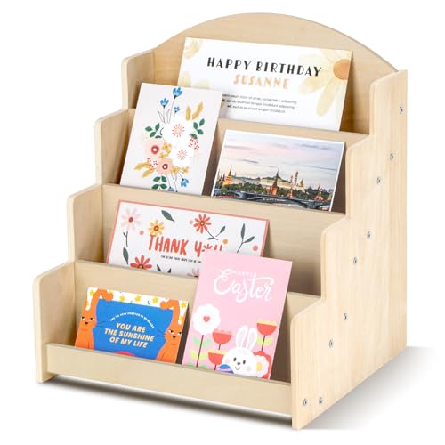 PUERSI Greeting Card Display Stand, Wooden 4-Tier Postcard Display Stand - color: Beige