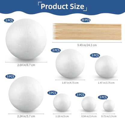 40PCS Solar System Model Kit, 20 Mixed Sized White Polystyrene Spheres Balls Foam Balls, with 20 Pieces 24 cm Long Bamboo Sticks for Kids School Science Projects DIY Planet Crafts