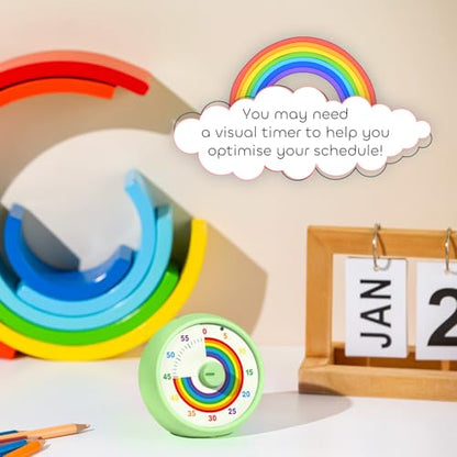 Visual Timer for Kids, 60-Minute Countdown Timer for Classroom Office Kitchen, Desk Timer Kids Time Management Tools with Silent Operation, Pomodoro Time Rainbow Pattern (Green) - color: Green