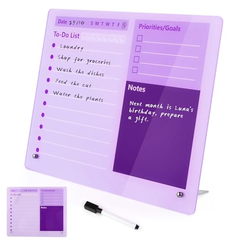 Purple Acrylic Dry Erase Board 12x10 inch, Thickened Desktop to Do List Planner Board with Stand and Markers,Frameless Tabletop Purple Dry Erase White Board Daily Task Organizer for Office Home School - color: Purple