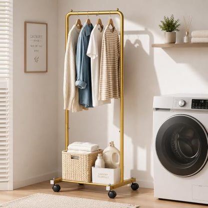 AOODA Small Clothing Rack for Hanging Clothes with Wheels, Gold